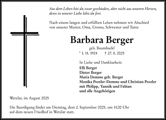 Traueranzeige von Barbara Berger von Wetzlarer Neue Zeitung