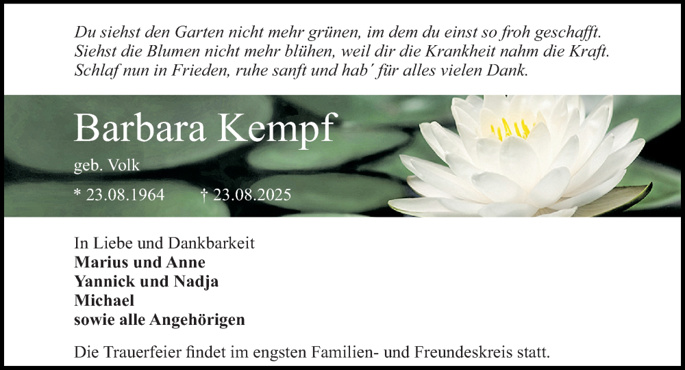  Traueranzeige für Barbara Kempf vom 06.09.2025 aus Darmstädter Echo