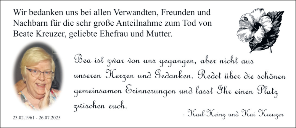  Traueranzeige für Beate Kreuzer vom 30.08.2025 aus Rüsselsheimer Echo