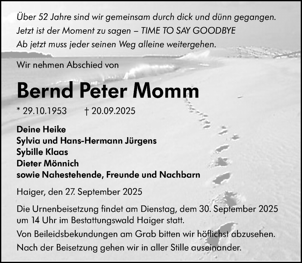  Traueranzeige für Bernd Peter Momm vom 27.09.2025 aus Dill Block
