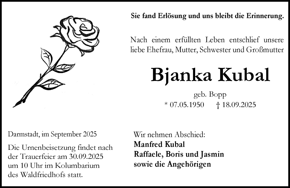  Traueranzeige für Bjanka Kubal vom 27.09.2025 aus Darmstädter Echo