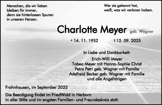 Traueranzeige von Charlotte Meyer von Dill Block
