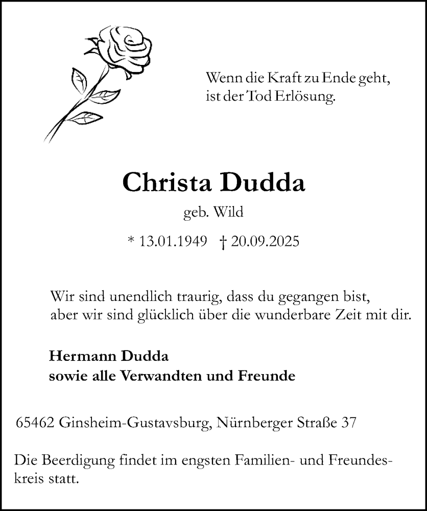  Traueranzeige für Christa Dudda vom 27.09.2025 aus Allgemeine Zeitung Mainz