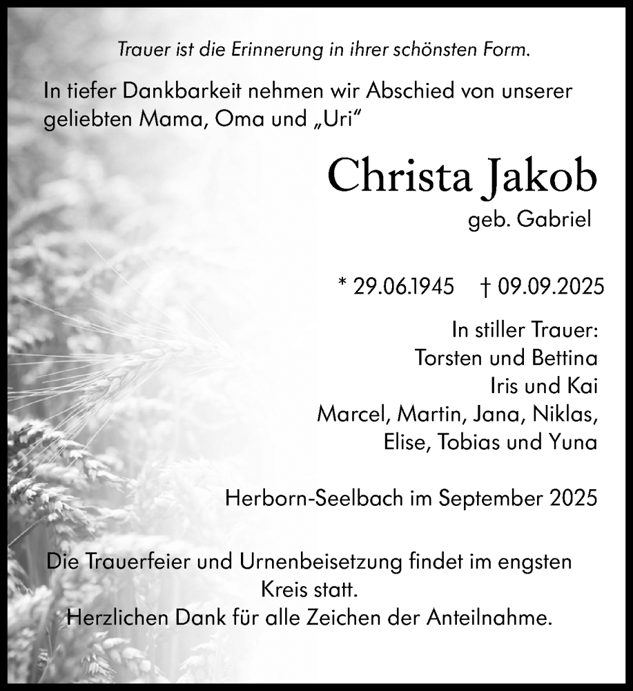  Traueranzeige für Christa Jakob vom 15.09.2025 aus Dill Block