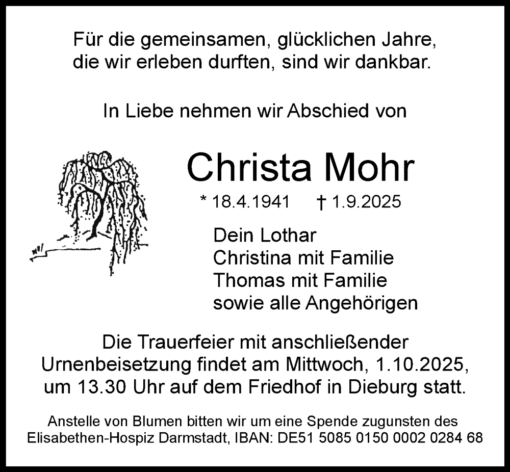  Traueranzeige für Christa Mohr vom 27.09.2025 aus Dieburger Anzeiger/Groß-Zimmerner Lokal-Anzeiger