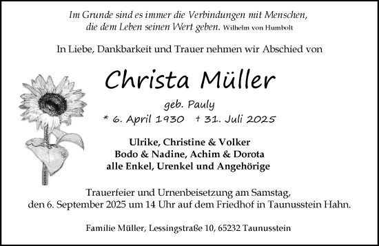 Traueranzeige von Christa Müller von Idsteiner Land/Untertaunus