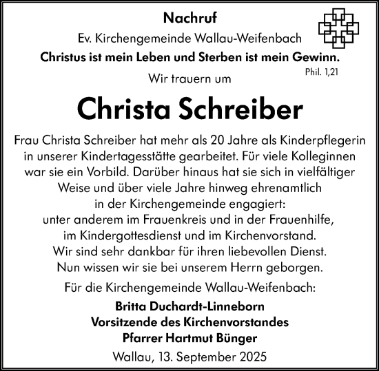 Traueranzeige von Christa Schreiber von Hinterländer Anzeiger