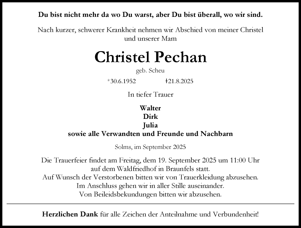  Traueranzeige für Christel Pechan vom 16.09.2025 aus Wetzlarer Neue Zeitung