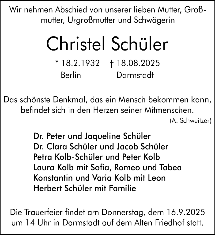  Traueranzeige für Christel Schüler vom 30.08.2025 aus Darmstädter Echo