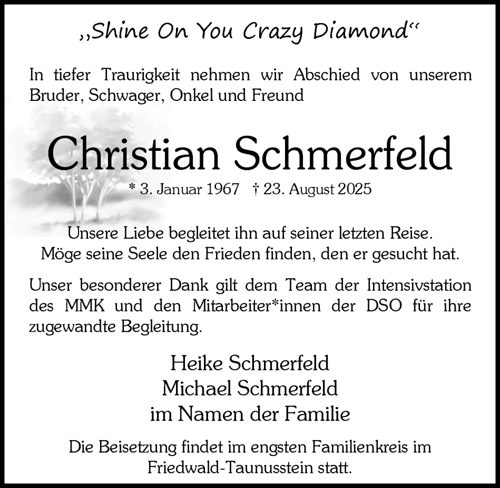  Traueranzeige für Christian Schmerfeld vom 30.08.2025 aus Wiesbadener Kurier
