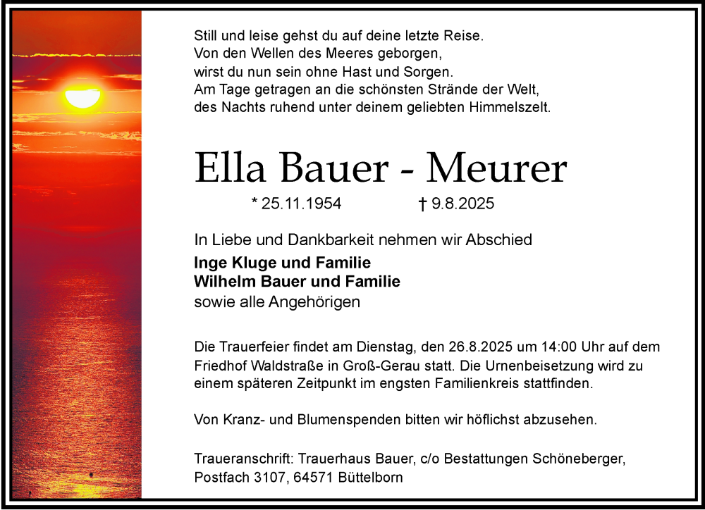  Traueranzeige für Ella Bauer-Meurer vom 23.08.2025 aus Groß-Gerauer Echo