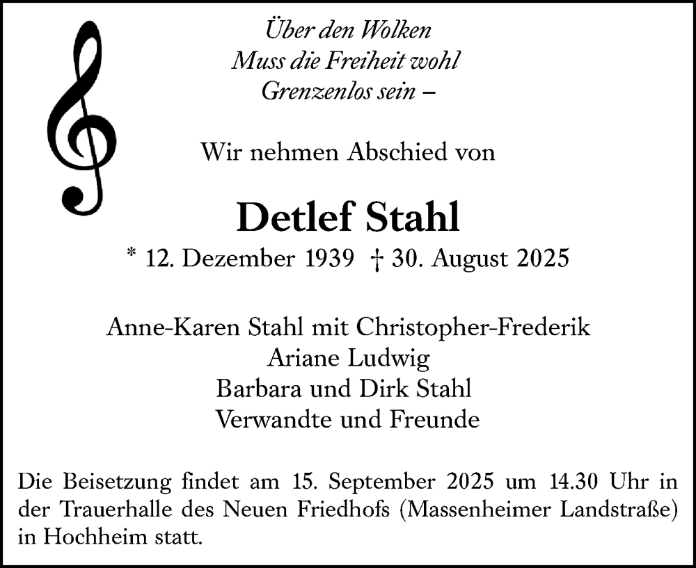  Traueranzeige für Detlef Stahl vom 13.09.2025 aus Wiesbadener Kurier