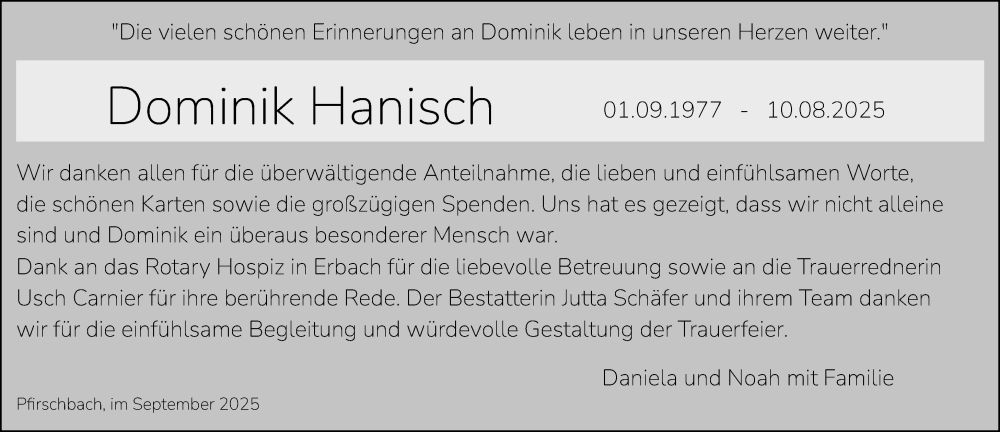  Traueranzeige für Dominik Hanisch vom 20.09.2025 aus Odenwälder Echo