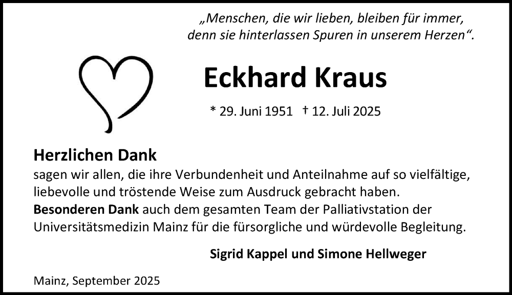  Traueranzeige für Eckhard Kraus vom 13.09.2025 aus Allgemeine Zeitung Mainz