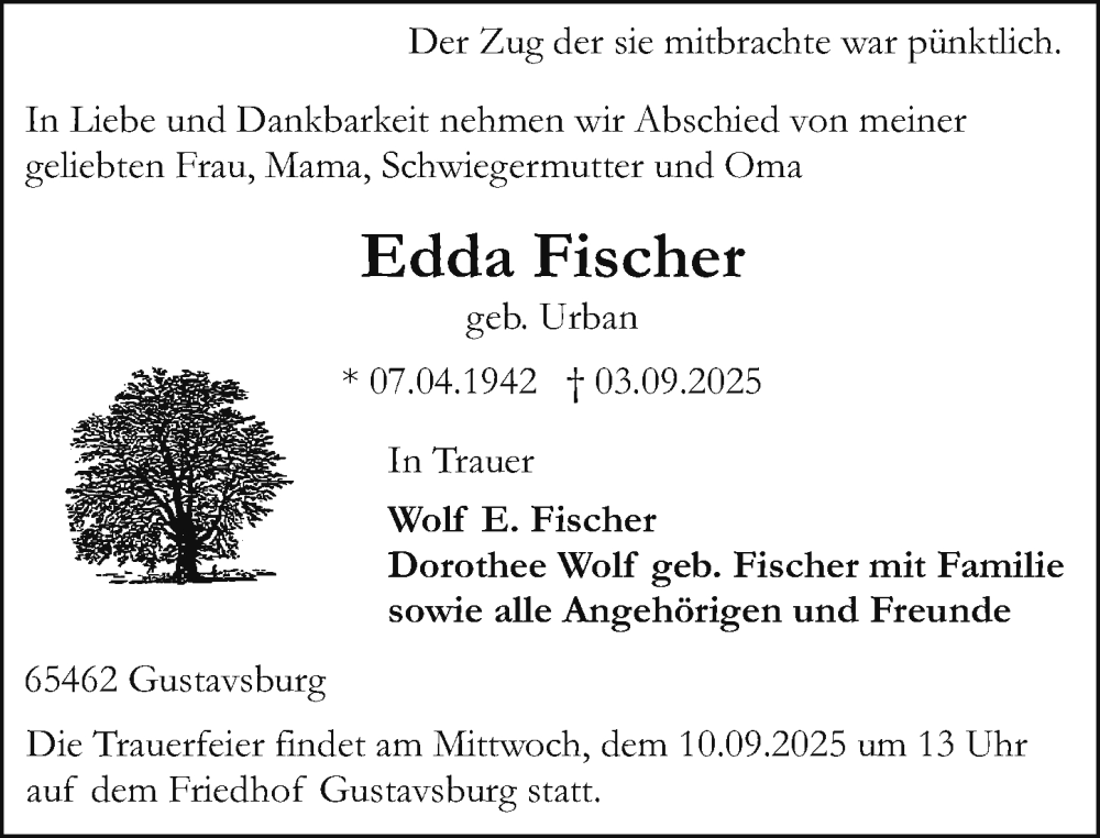  Traueranzeige für Edda Fischer vom 06.09.2025 aus Allgemeine Zeitung Mainz
