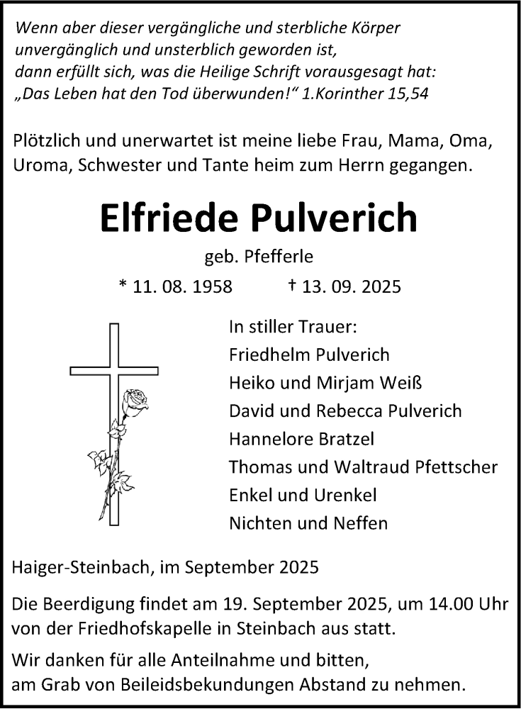  Traueranzeige für Elfriede Pulverich vom 17.09.2025 aus Dill Block