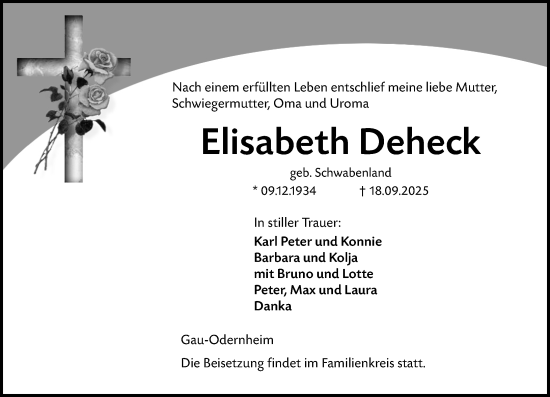 Traueranzeige von Elisabeth Deheck von Allgemeine Zeitung Alzey