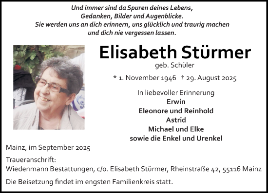 Traueranzeige von Elisabeth Stürmer von Allgemeine Zeitung Mainz