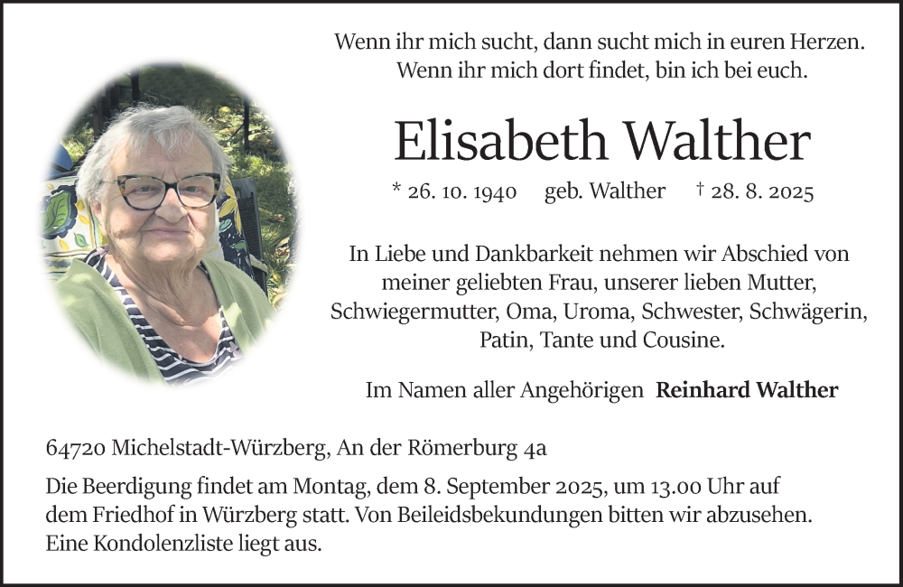  Traueranzeige für Elisabeth Walther vom 06.09.2025 aus Odenwälder Echo