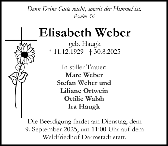 Traueranzeige von Elisabeth Weber von Darmstädter Echo