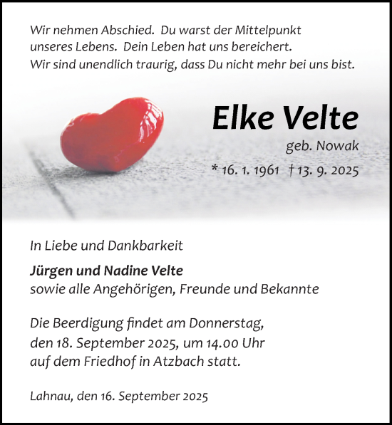 Traueranzeige von Elke Velte von Wetzlarer Neue Zeitung