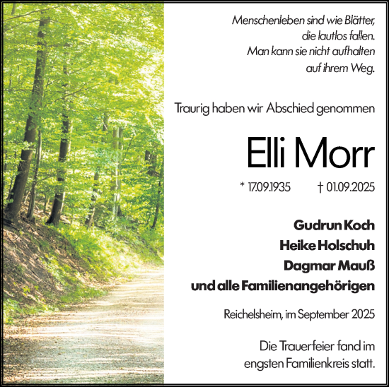 Traueranzeige von Elli Morr von Odenwälder Echo