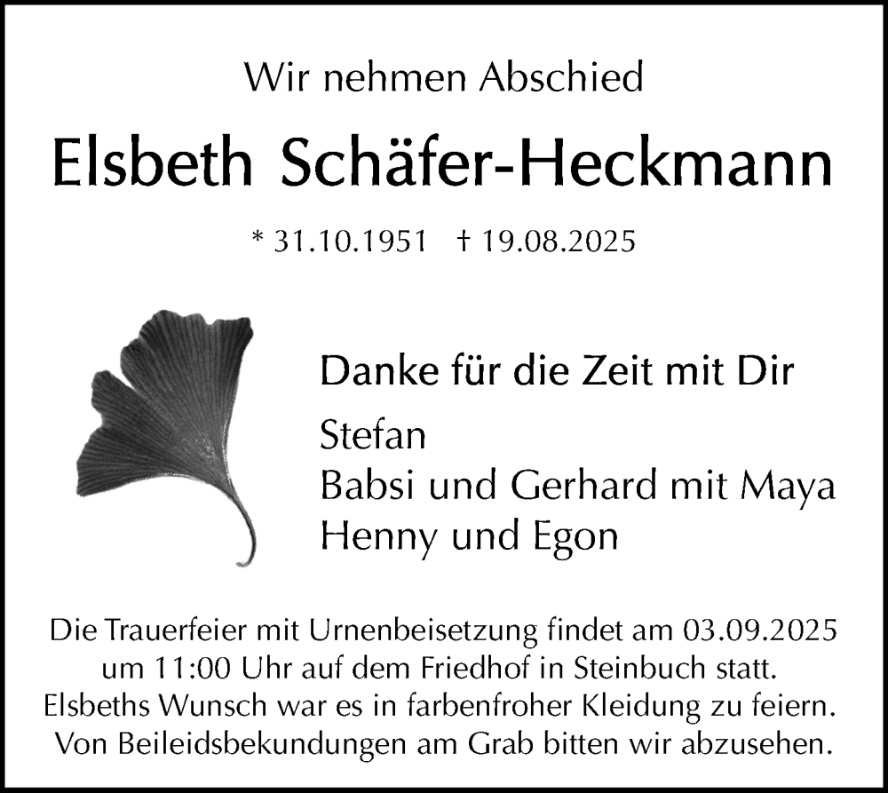  Traueranzeige für Elsbeth Schafer-Heckmann vom 30.08.2025 aus Odenwälder Echo
