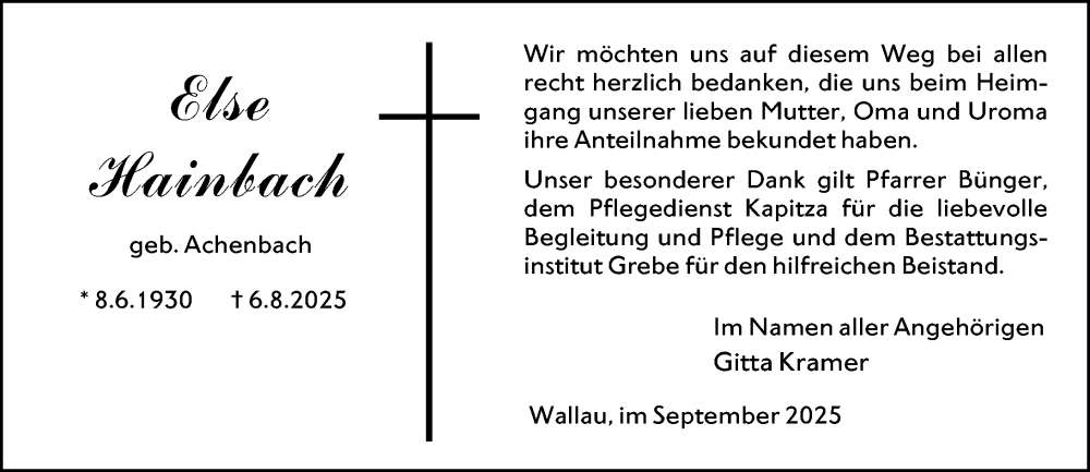  Traueranzeige für Else Hainbach vom 06.09.2025 aus Hinterländer Anzeiger