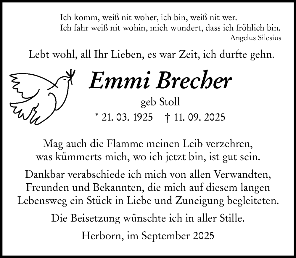  Traueranzeige für Emmi Brecher vom 24.09.2025 aus Dill Block