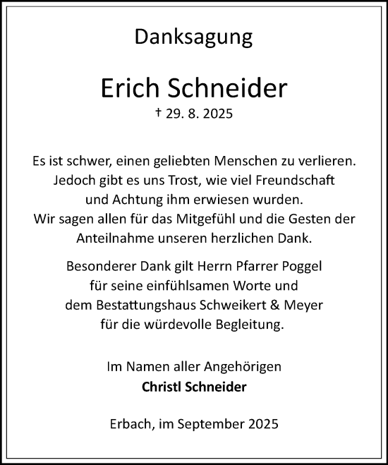 Traueranzeige von Erich Schneider von Odenwälder Echo