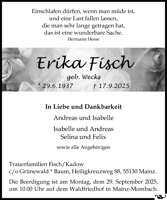 Traueranzeige von Erika Fisch von Allgemeine Zeitung Mainz