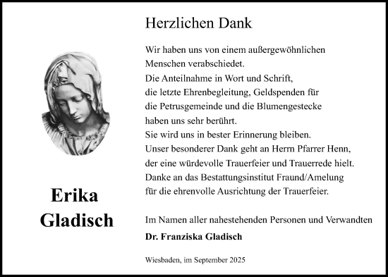 Traueranzeige von Erika Gladisch von Wiesbadener Kurier