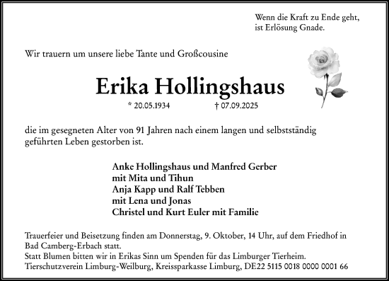 Traueranzeige von Erika Hollingshaus von Camberger Anzeiger