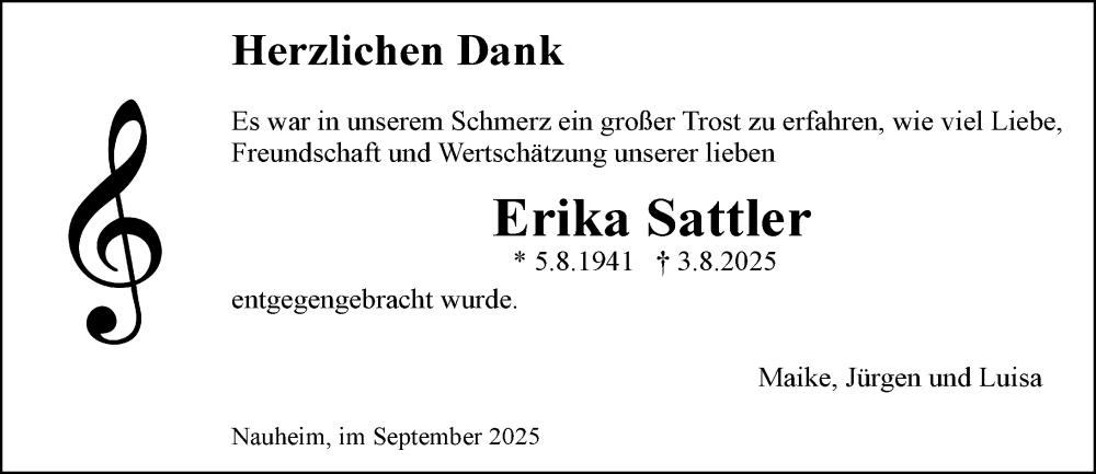  Traueranzeige für Erika Sattler vom 06.09.2025 aus Rüsselsheimer Echo