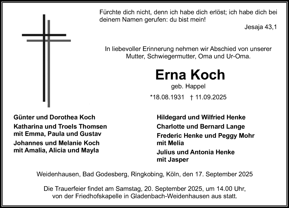  Traueranzeige für Erna Koch vom 17.09.2025 aus Hinterländer Anzeiger