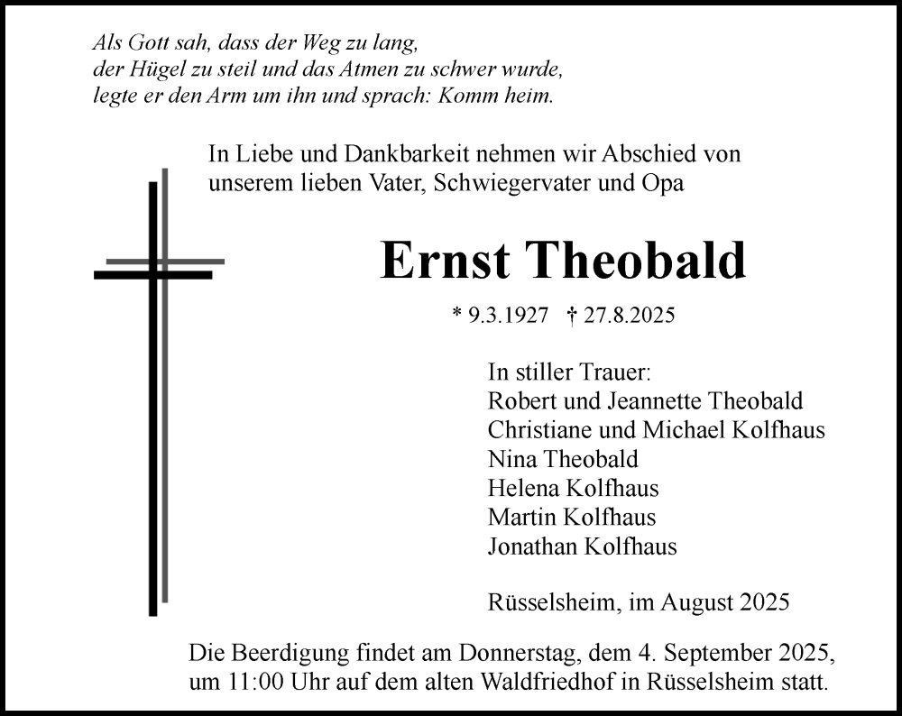  Traueranzeige für Ernst Theobald vom 30.08.2025 aus Rüsselsheimer Echo