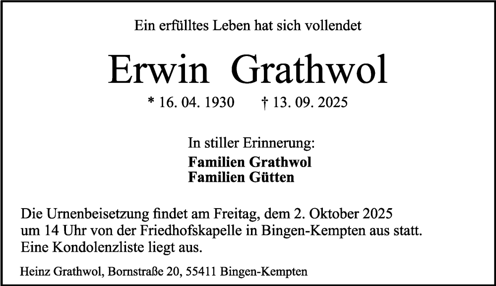  Traueranzeige für Erwin Grathwol vom 20.09.2025 aus Allgemeine Zeitung Rheinhessen-Nahe