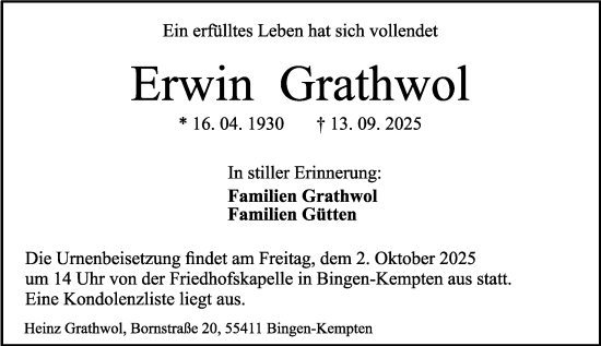Traueranzeige von Erwin Grathwol von Allgemeine Zeitung Rheinhessen-Nahe