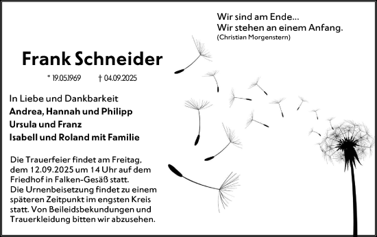 Traueranzeige von Frank Schneider von Odenwälder Echo