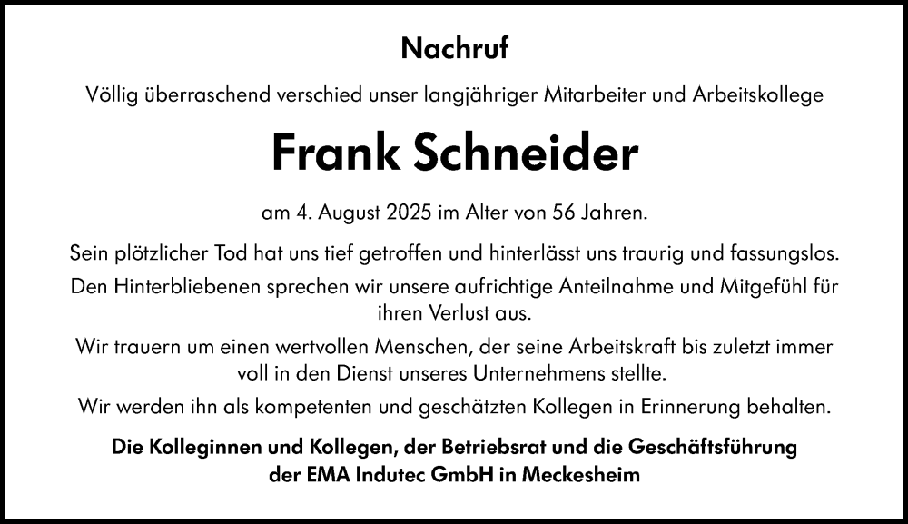  Traueranzeige für Frank Schneider vom 13.09.2025 aus Odenwälder Echo