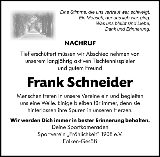 Traueranzeige von Frank Schneider von Odenwälder Echo
