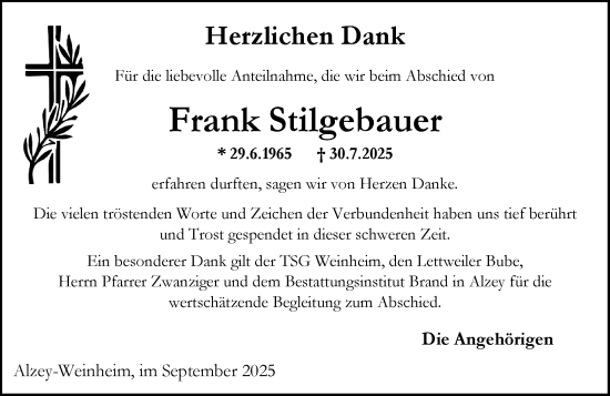 Traueranzeige von Frank Stilgebauer von Allgemeine Zeitung Alzey