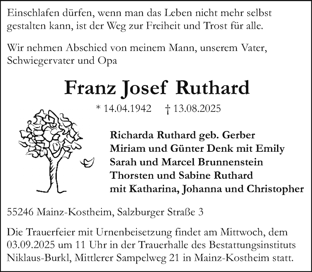  Traueranzeige für Franz Josef Ruthard vom 30.08.2025 aus Allgemeine Zeitung Mainz