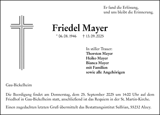 Traueranzeige von Friedel Mayer von Allgemeine Zeitung Alzey