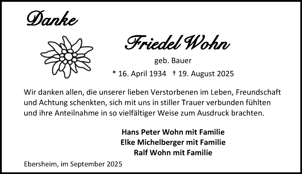  Traueranzeige für Friedel Wohn vom 13.09.2025 aus Allgemeine Zeitung Mainz