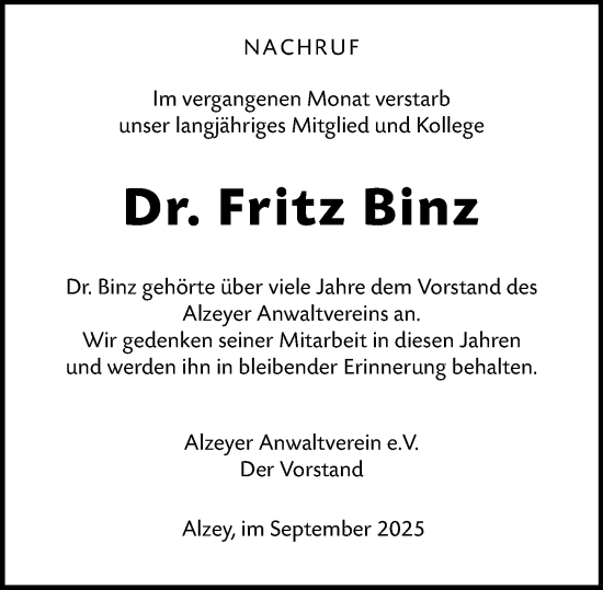 Traueranzeige von Fritz Binz von Allgemeine Zeitung Alzey