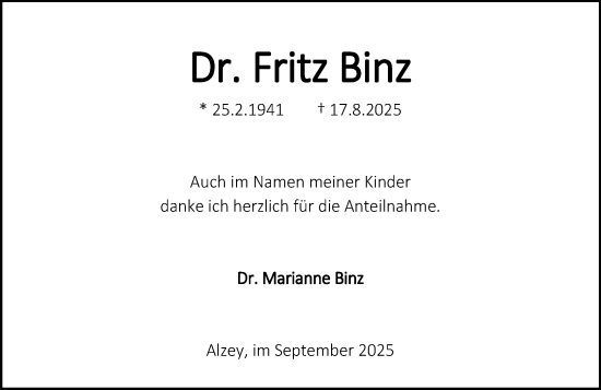 Traueranzeige von Fritz Binz von Allgemeine Zeitung Alzey