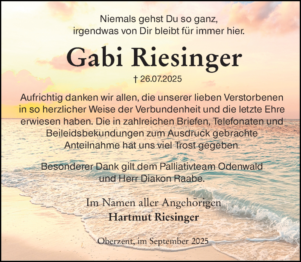  Traueranzeige für Gabi Riesinger vom 20.09.2025 aus Odenwälder Echo