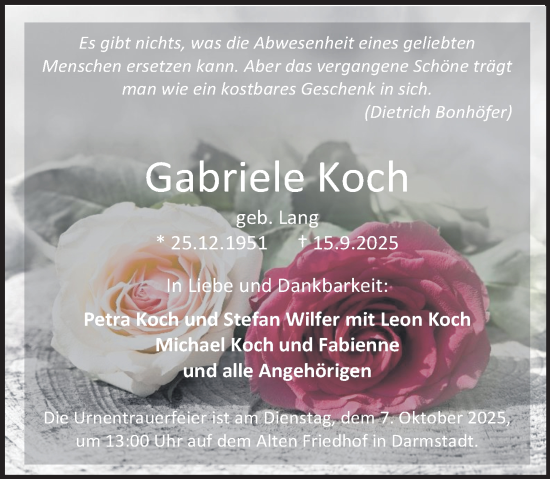 Traueranzeige von Gabriele Koch von Darmstädter Echo