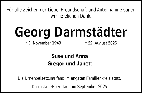 Traueranzeige von Georg Darmstädter von Darmstädter Echo